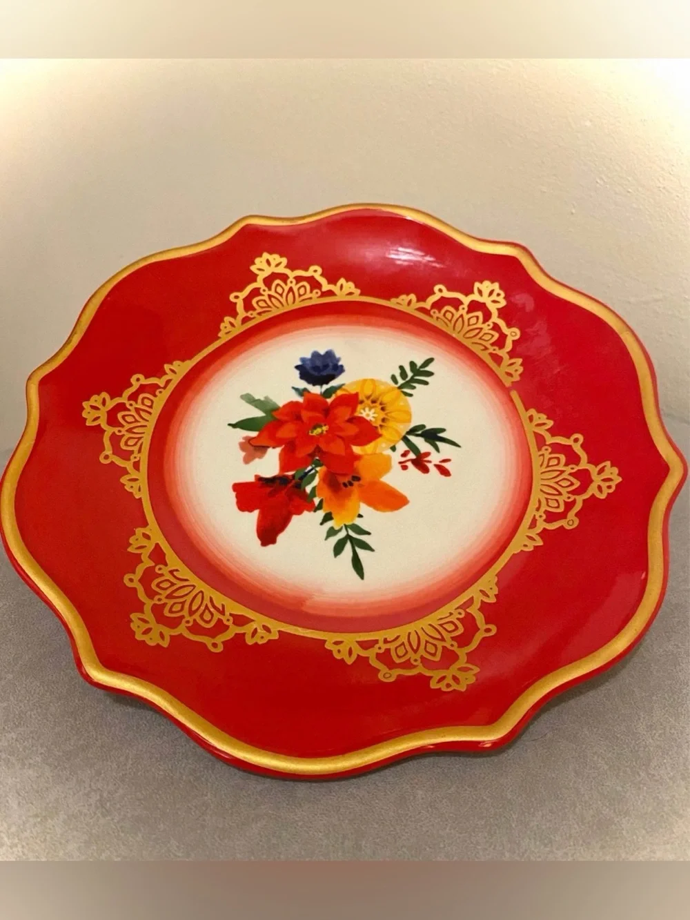 Pioneer Woman Winter Bouquet Dessert Plate Red Gold Floral 8.5”